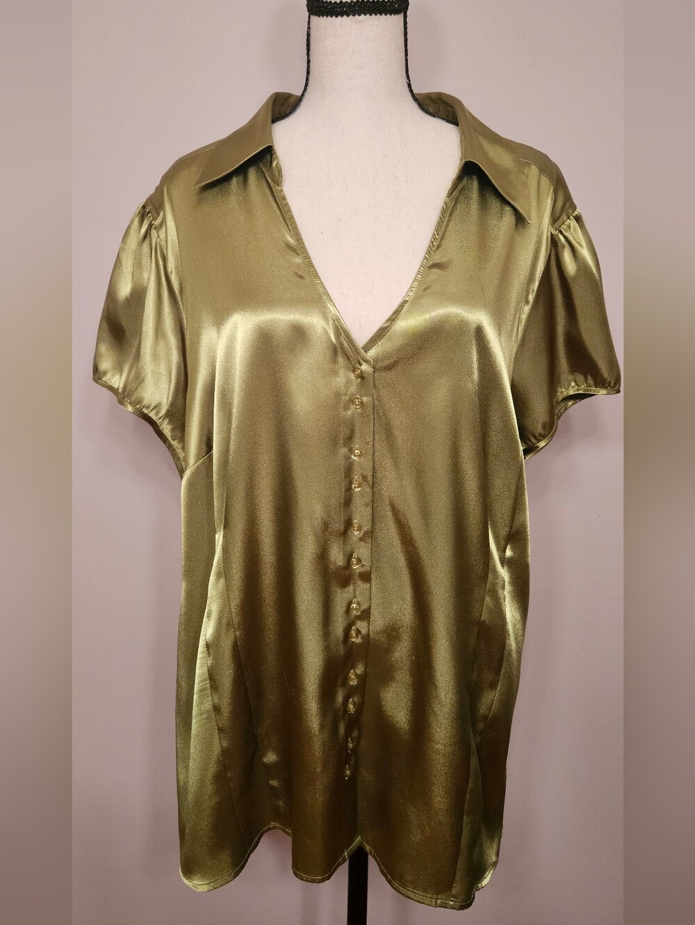 Vintage Lane Bryant Olive Green Satin Short Sleeve Blouse, size 22-24